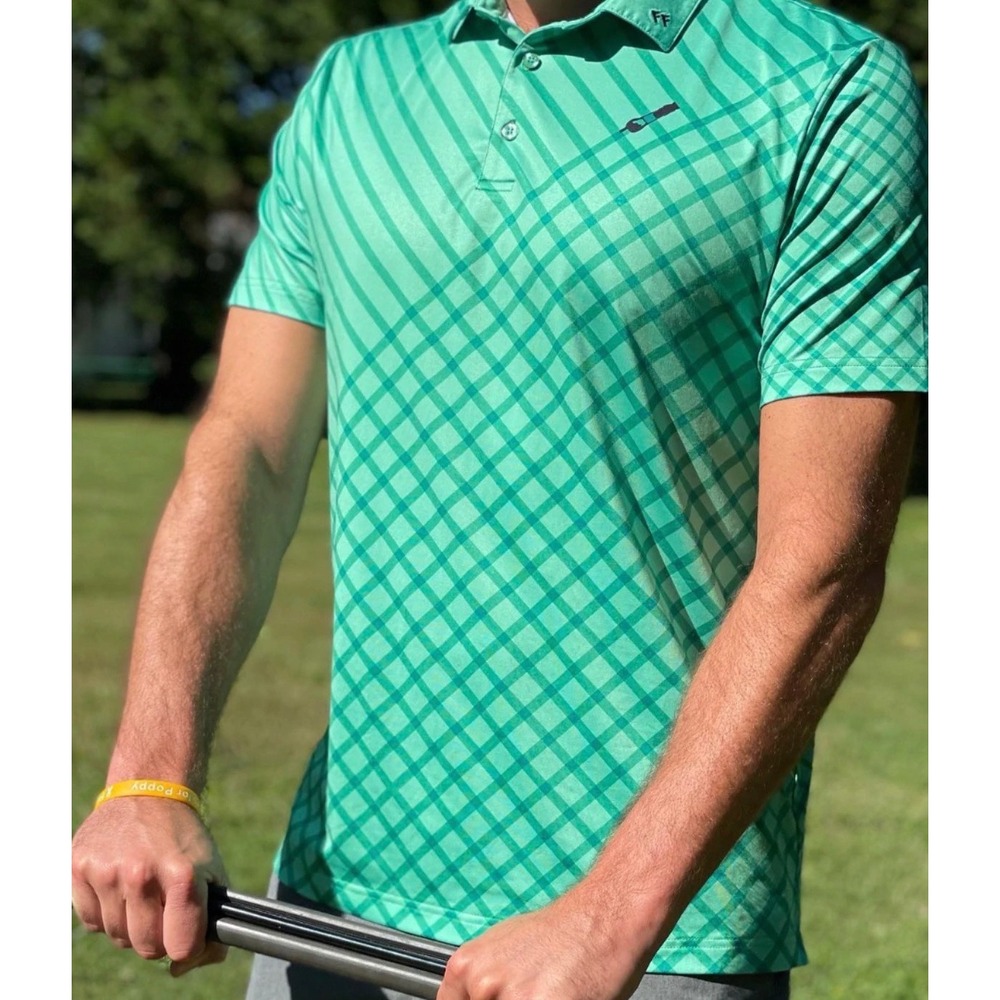 Fore Fathers Performance Golf Polo Shirt Green Plaid Striped Men's XL Stretch